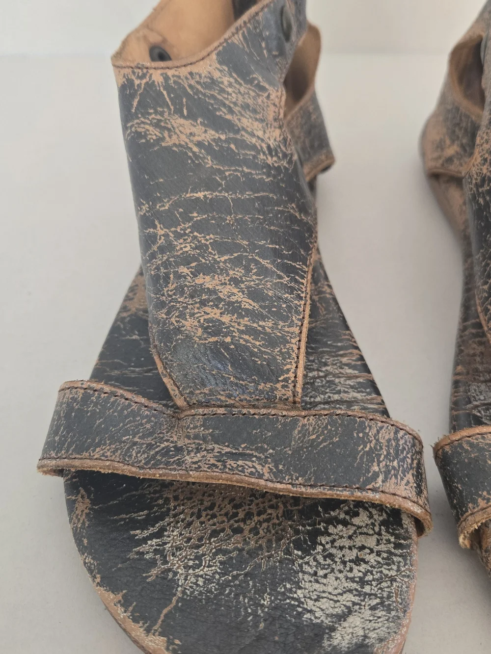 BED|STU Distressed Two-Tone Black & Tan Leather Cutout Sandals